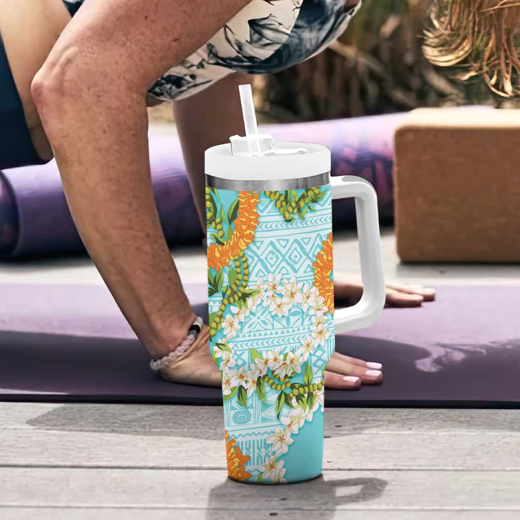 Aloha Festive Hawaii Tumbler With Handle Mokihana - Maile and Ilima on Turquoise - Polynesian Pride
