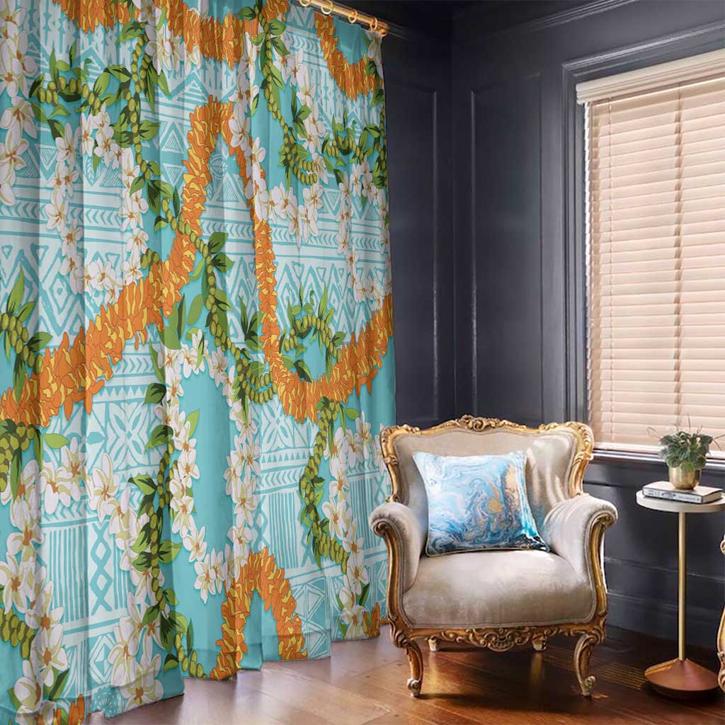 Aloha Festive Hawaii Window Curtain Mokihana - Maile and Ilima on Turquoise - Polynesian Pride