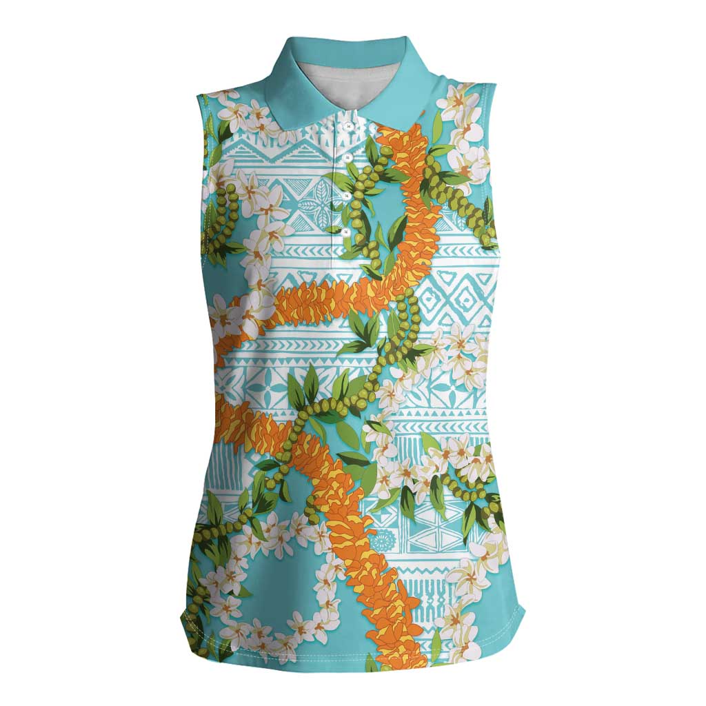 Aloha Festive Hawaii Women Sleeveless Polo Shirt Mokihana - Maile and Ilima on Turquoise - Polynesian Pride