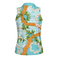 Aloha Festive Hawaii Women Sleeveless Polo Shirt Mokihana - Maile and Ilima on Turquoise - Polynesian Pride