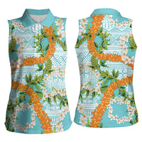 Aloha Festive Hawaii Women Sleeveless Polo Shirt Mokihana - Maile and Ilima on Turquoise - Polynesian Pride