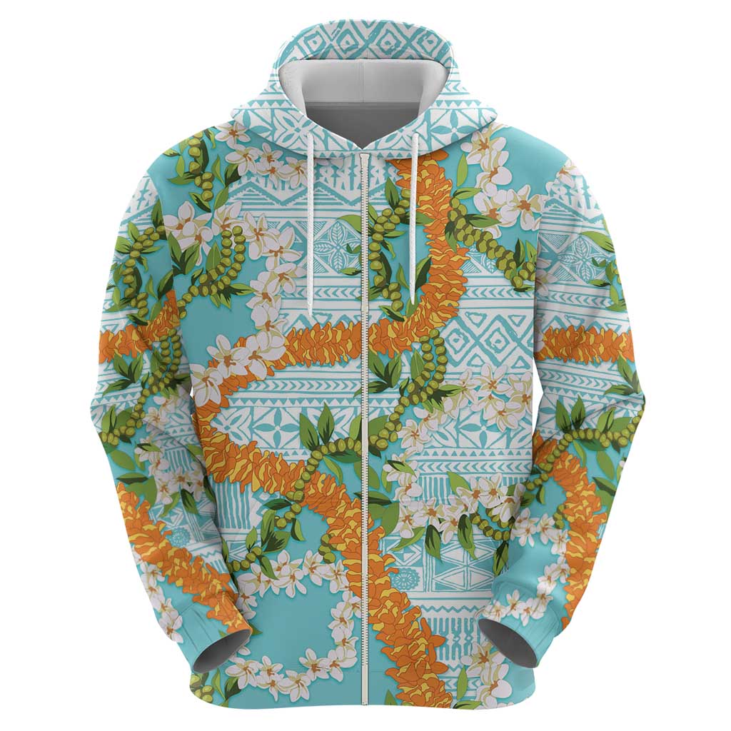 Aloha Festive Hawaii Zip Hoodie Mokihana - Maile and Ilima on Turquoise - Polynesian Pride