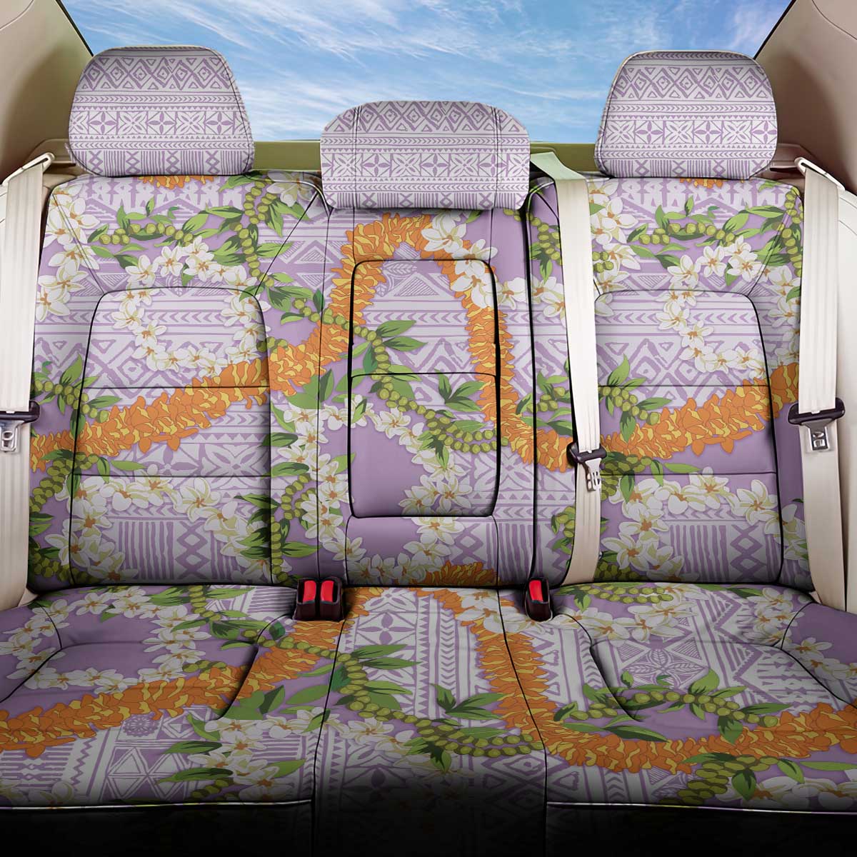 Aloha Festive Hawaii Back Car Seat Cover Mokihana - Maile and Ilima on Lilac - Polynesian Pride