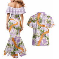 Aloha Festive Hawaii Couples Matching Mermaid Dress and Hawaiian Shirt Mokihana - Maile and Ilima on Lilac - Polynesian Pride