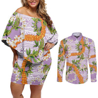 Aloha Festive Hawaii Couples Matching Off Shoulder Short Dress and Long Sleeve Button Shirt Mokihana - Maile and Ilima on Lilac LT7 Lilac - Polynesian Pride