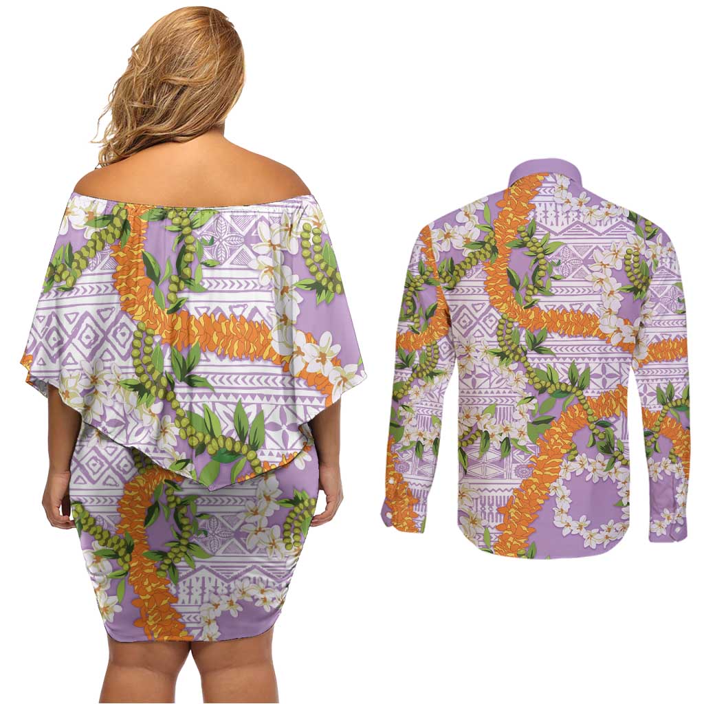Aloha Festive Hawaii Couples Matching Off Shoulder Short Dress and Long Sleeve Button Shirt Mokihana - Maile and Ilima on Lilac LT7 - Polynesian Pride