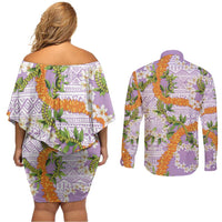 Aloha Festive Hawaii Couples Matching Off Shoulder Short Dress and Long Sleeve Button Shirt Mokihana - Maile and Ilima on Lilac LT7 - Polynesian Pride
