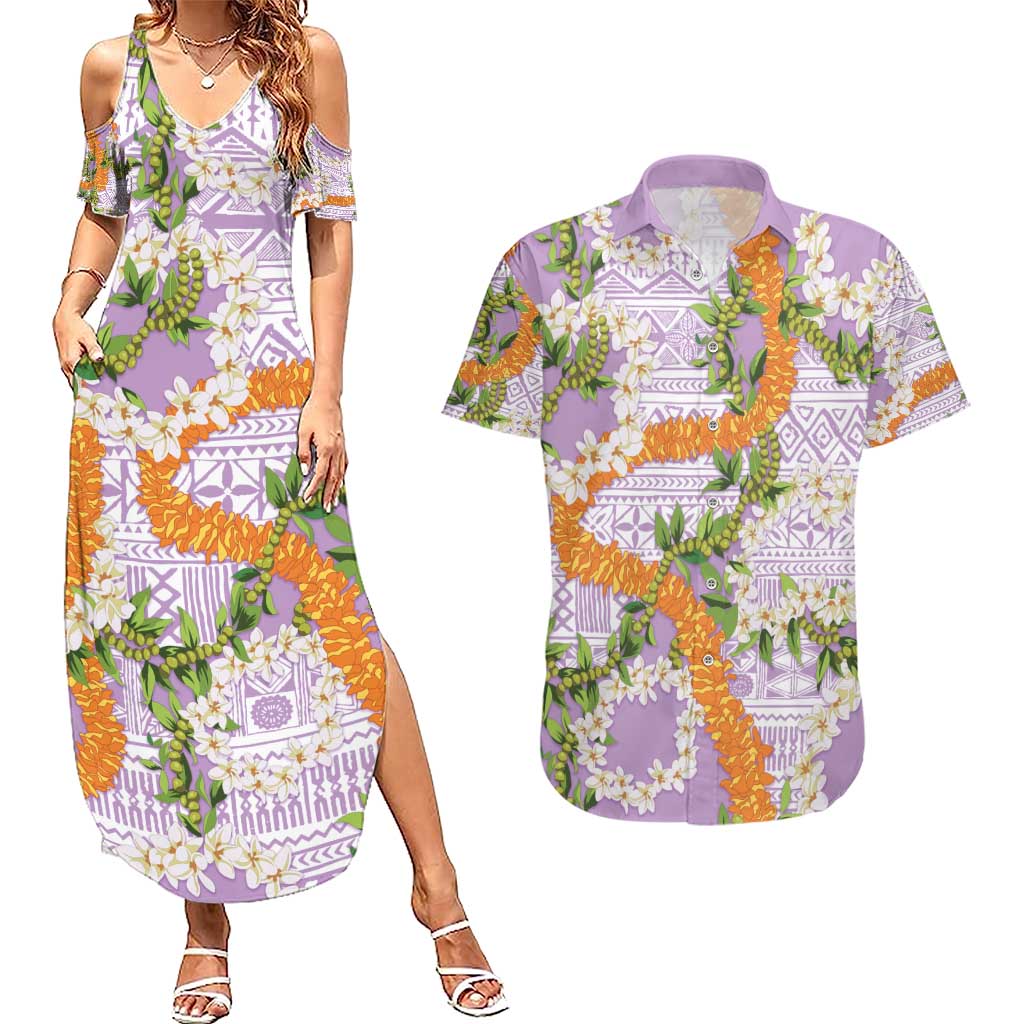 Aloha Festive Hawaii Couples Matching Summer Maxi Dress and Hawaiian Shirt Mokihana - Maile and Ilima on Lilac - Polynesian Pride