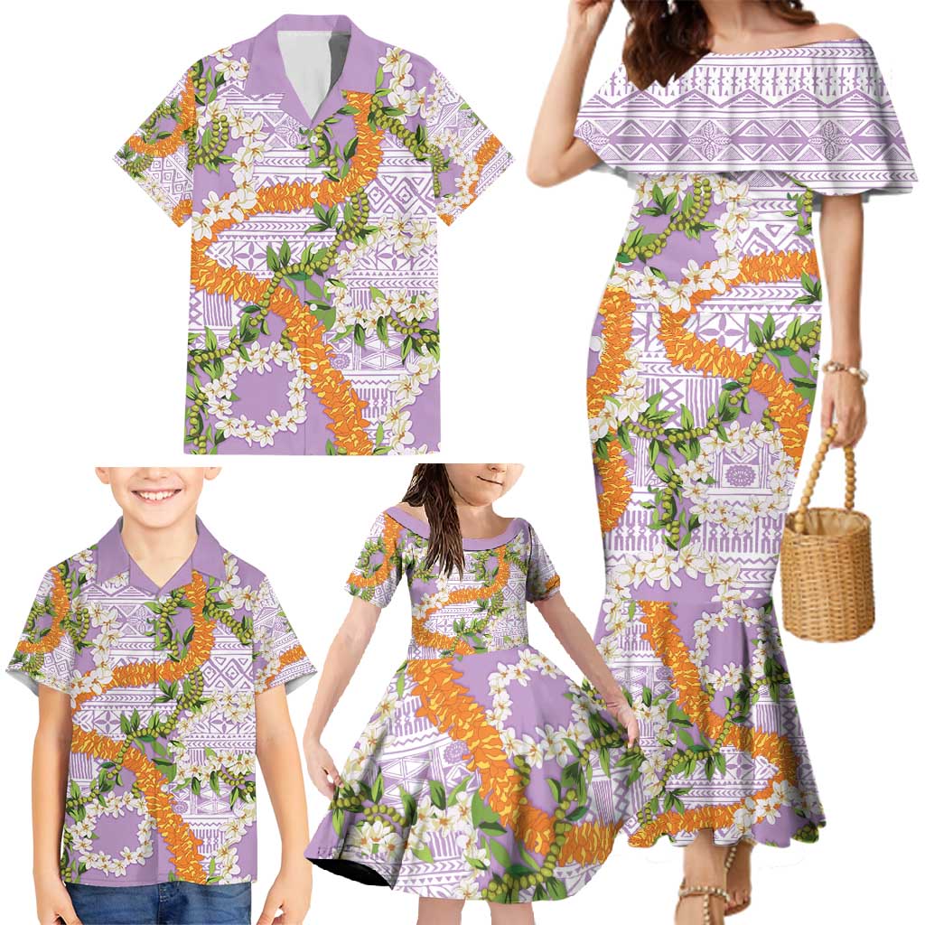 Aloha Festive Hawaii Family Matching Mermaid Dress and Hawaiian Shirt Mokihana - Maile and Ilima on Lilac - Polynesian Pride