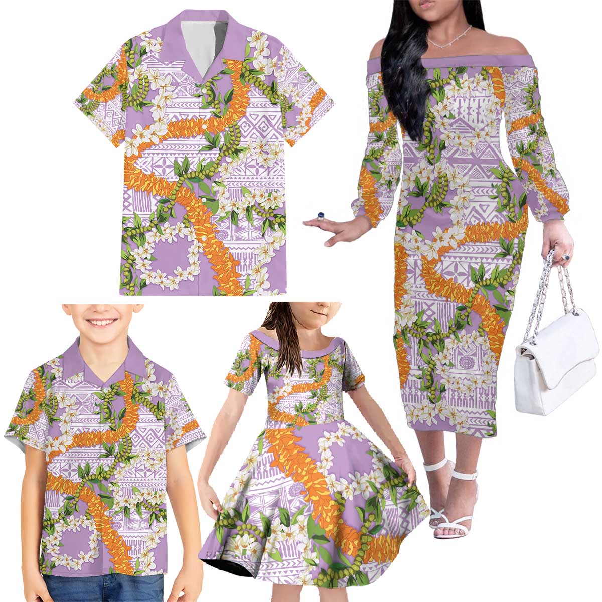 Aloha Festive Hawaii Family Matching Off The Shoulder Long Sleeve Dress and Hawaiian Shirt Mokihana - Maile and Ilima on Lilac - Polynesian Pride