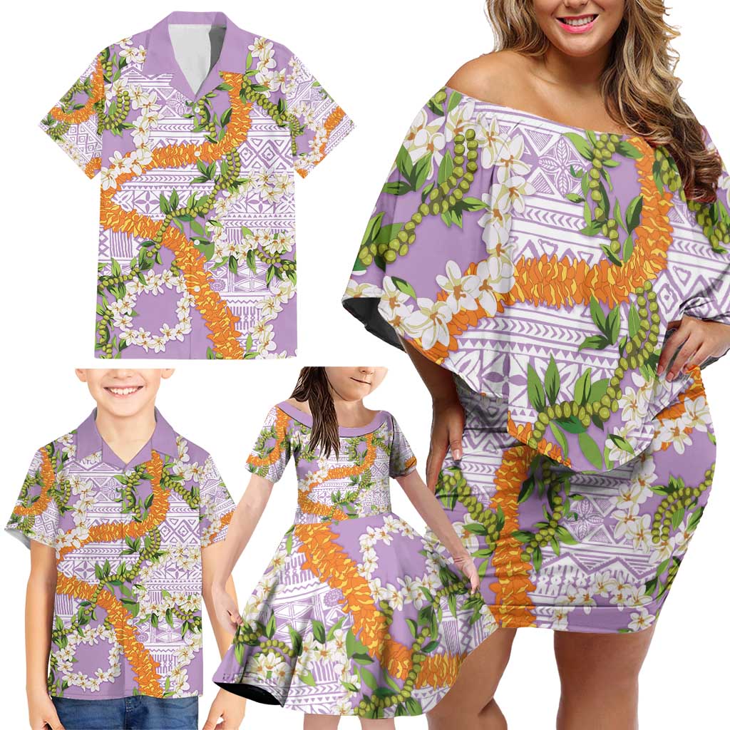 Aloha Festive Hawaii Family Matching Off Shoulder Short Dress and Hawaiian Shirt Mokihana - Maile and Ilima on Lilac - Polynesian Pride