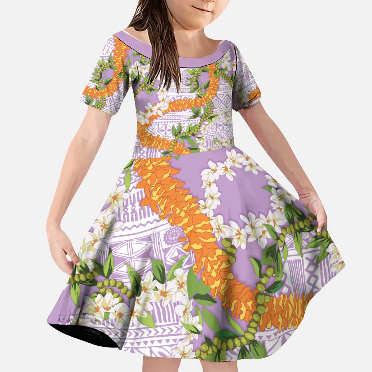 Aloha Festive Hawaii Kid Short Sleeve Dress Mokihana - Maile and Ilima on Lilac LT7 KID Lilac - Polynesian Pride