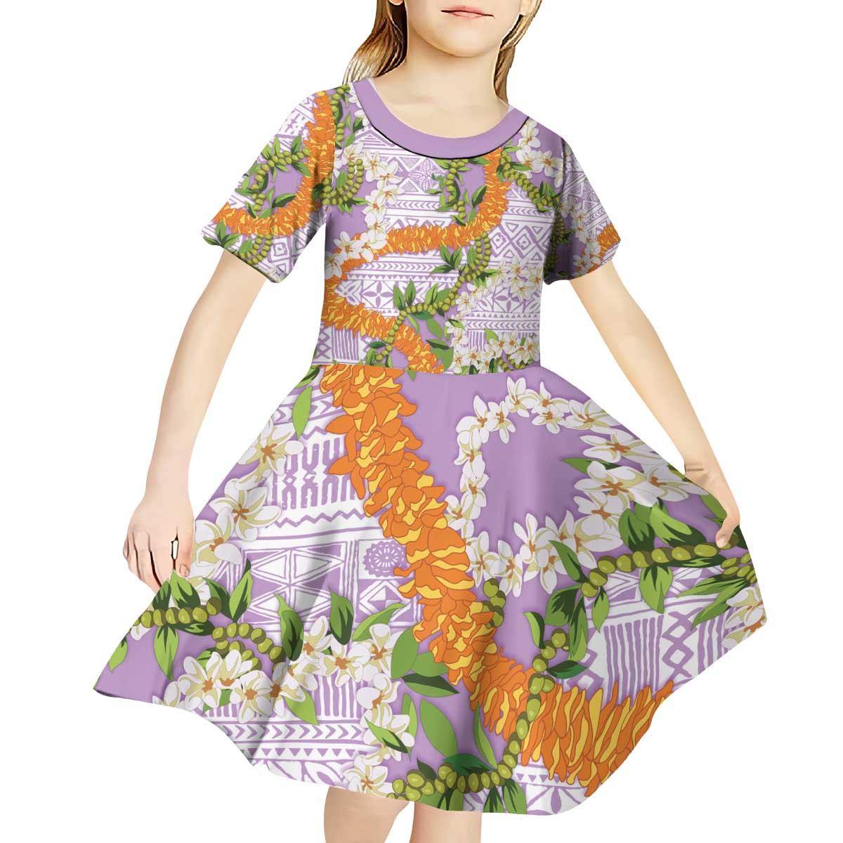 Aloha Festive Hawaii Kid Short Sleeve Dress Mokihana - Maile and Ilima on Lilac LT7 - Polynesian Pride