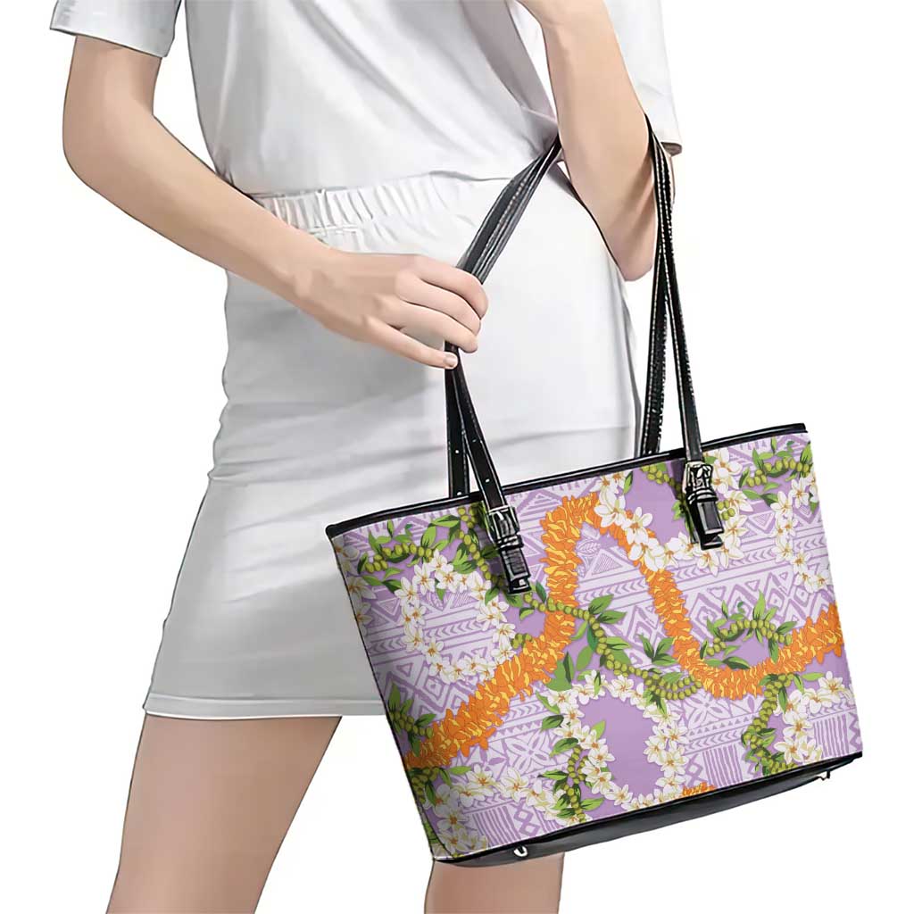 Aloha Festive Hawaii Leather Tote Bag Mokihana - Maile and Ilima on Lilac - Polynesian Pride