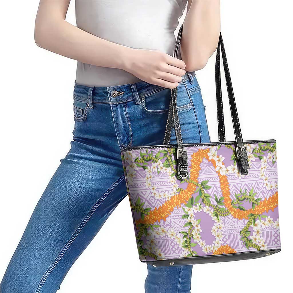 Aloha Festive Hawaii Leather Tote Bag Mokihana - Maile and Ilima on Lilac - Polynesian Pride