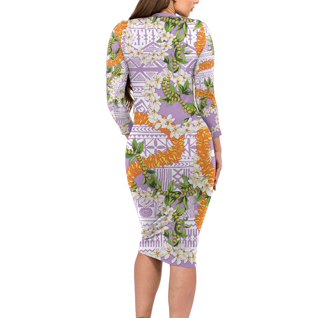 Aloha Festive Hawaii Long Sleeve Bodycon Dress Mokihana - Maile and Ilima on Lilac - Polynesian Pride