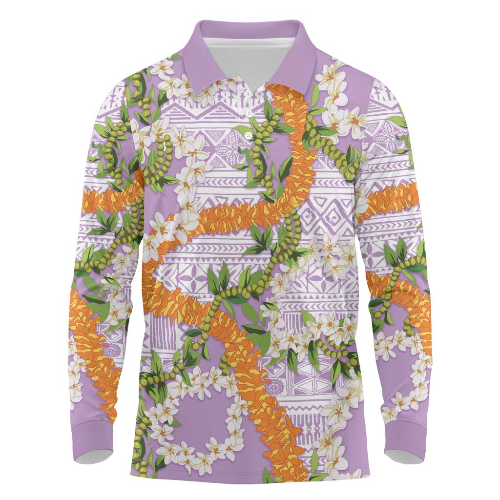 Aloha Festive Hawaii Long Sleeve Polo Shirt Mokihana - Maile and Ilima on Lilac - Polynesian Pride