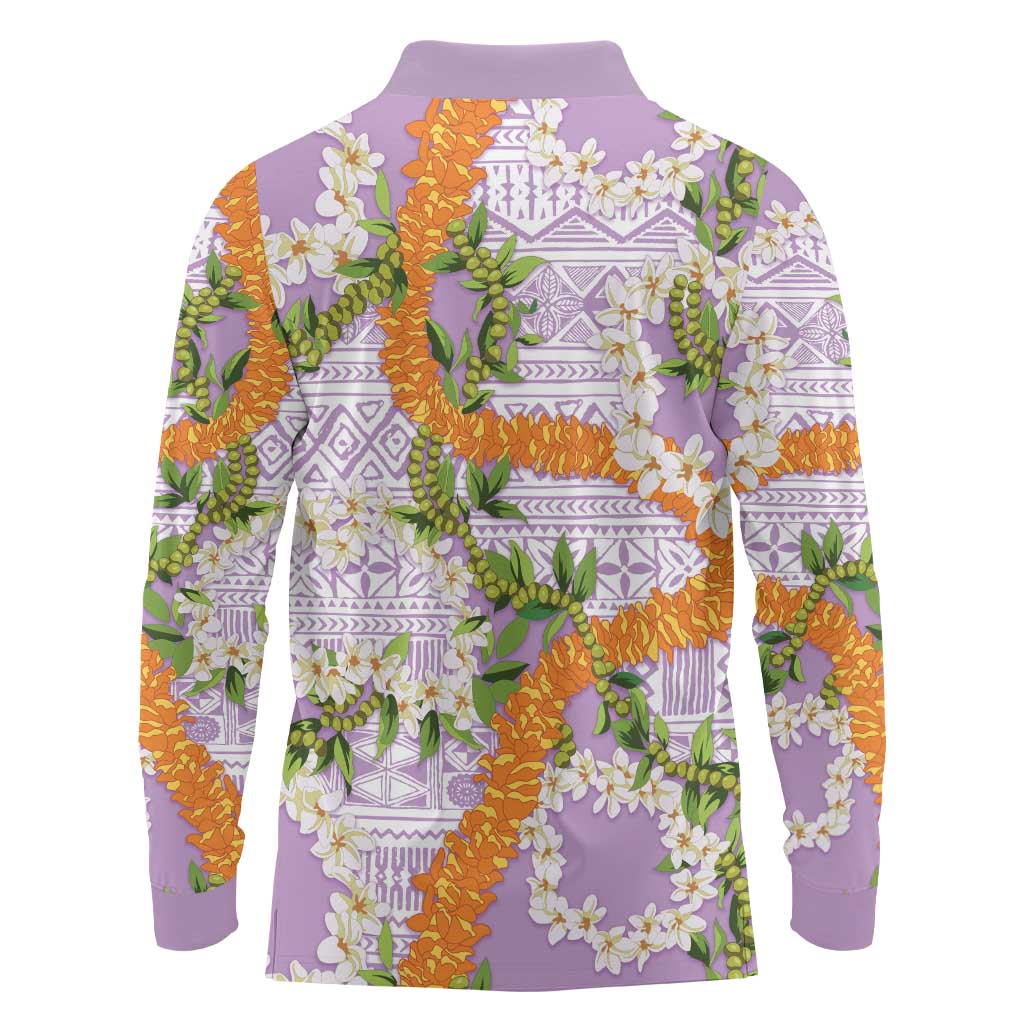 Aloha Festive Hawaii Long Sleeve Polo Shirt Mokihana - Maile and Ilima on Lilac - Polynesian Pride