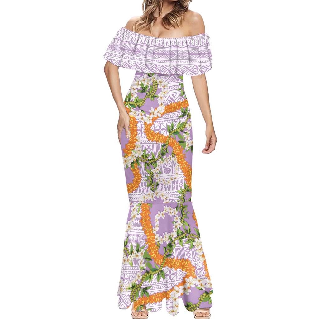 Aloha Festive Hawaii Mermaid Dress Mokihana - Maile and Ilima on Lilac - Polynesian Pride