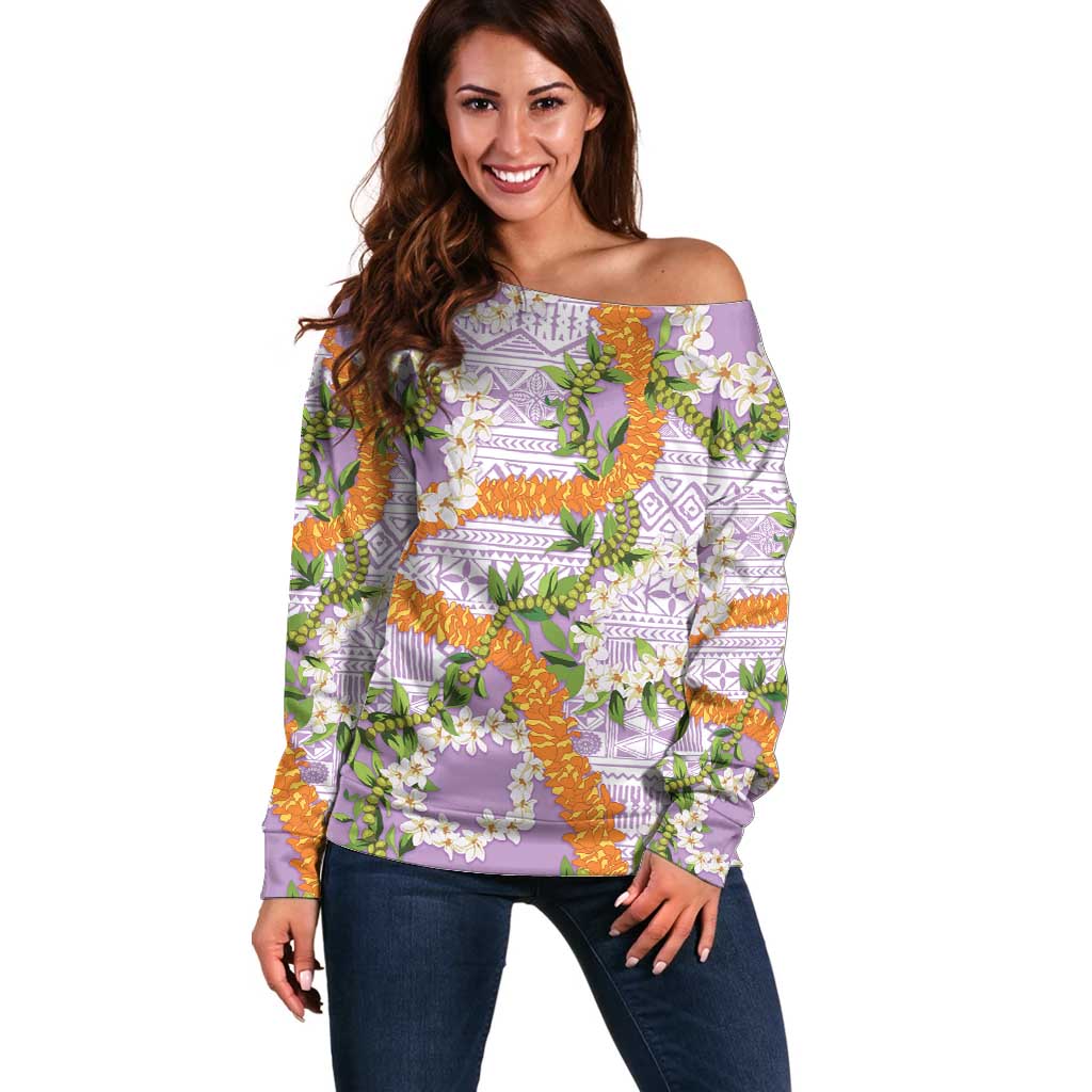 Aloha Festive Hawaii Off Shoulder Sweater Mokihana - Maile and Ilima on Lilac - Polynesian Pride