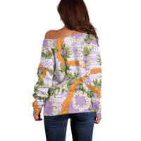 Aloha Festive Hawaii Off Shoulder Sweater Mokihana - Maile and Ilima on Lilac - Polynesian Pride
