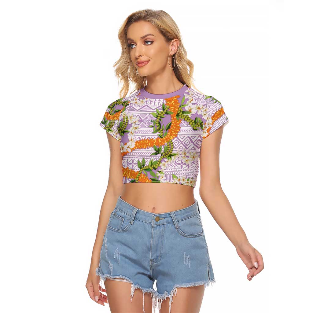 Aloha Festive Hawaii Raglan Cropped T Shirt Mokihana - Maile and Ilima on Lilac - Polynesian Pride