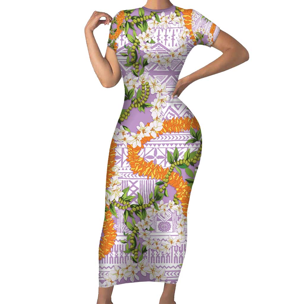 Aloha Festive Hawaii Short Sleeve Bodycon Dress Mokihana - Maile and Ilima on Lilac - Polynesian Pride