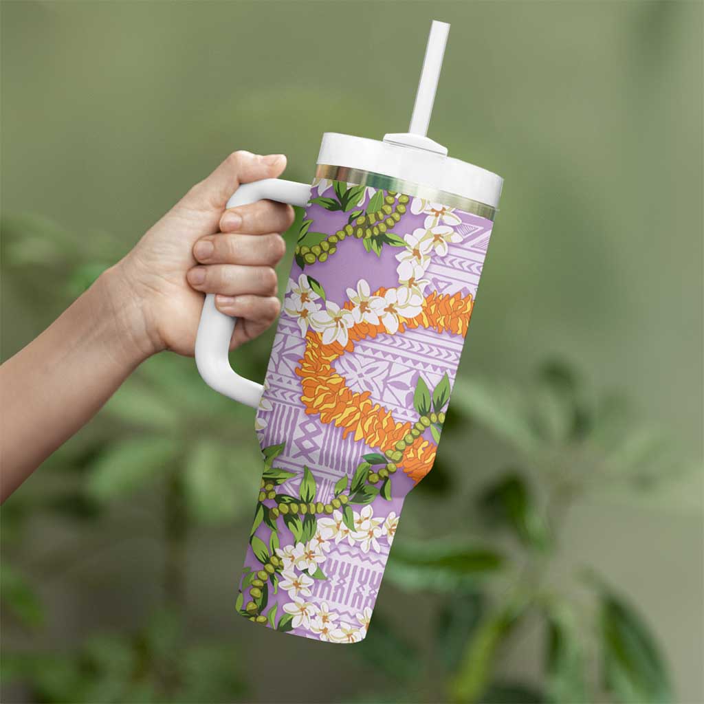 Aloha Festive Hawaii Tumbler With Handle Mokihana - Maile and Ilima on Lilac - Polynesian Pride