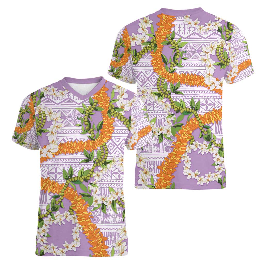 Aloha Festive Hawaii Women V-Neck T-Shirt Mokihana - Maile and Ilima on Lilac - Polynesian Pride