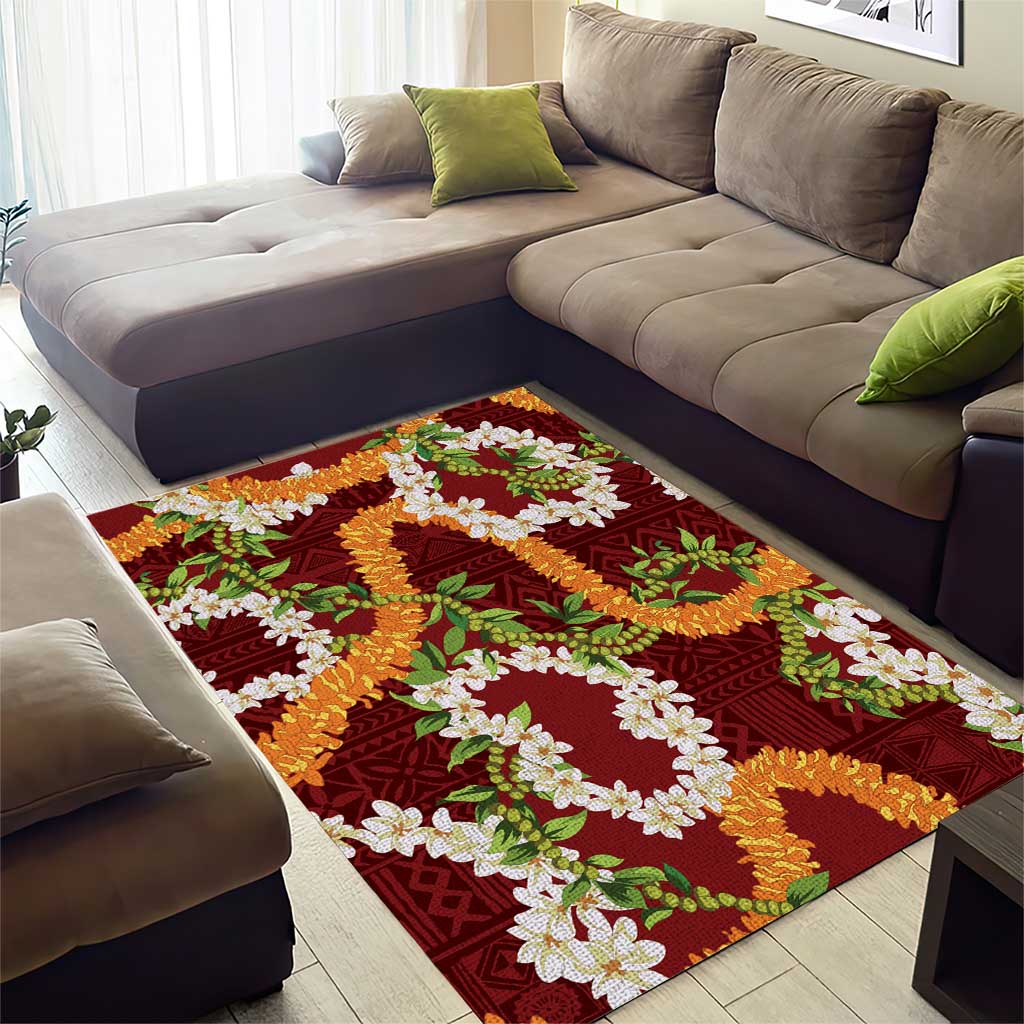 Aloha Festive Hawaii Area Rug Mokihana - Maile and Ilima on Crimson - Polynesian Pride