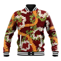 Aloha Festive Hawaii Baseball Jacket Mokihana - Maile and Ilima on Crimson LT7 Unisex Crimson - Polynesian Pride