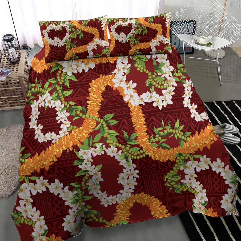 Aloha Festive Hawaii Bedding Set Mokihana - Maile and Ilima on Crimson - Polynesian Pride