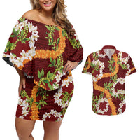 Aloha Festive Hawaii Couples Matching Off Shoulder Short Dress and Hawaiian Shirt Mokihana - Maile and Ilima on Crimson - Polynesian Pride