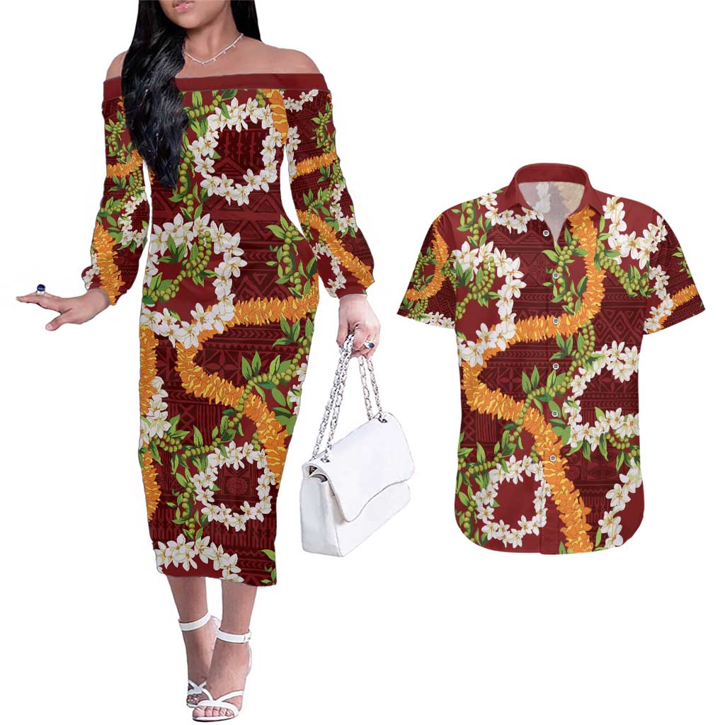 Aloha Festive Hawaii Couples Matching Off The Shoulder Long Sleeve Dress and Hawaiian Shirt Mokihana - Maile and Ilima on Crimson - Polynesian Pride
