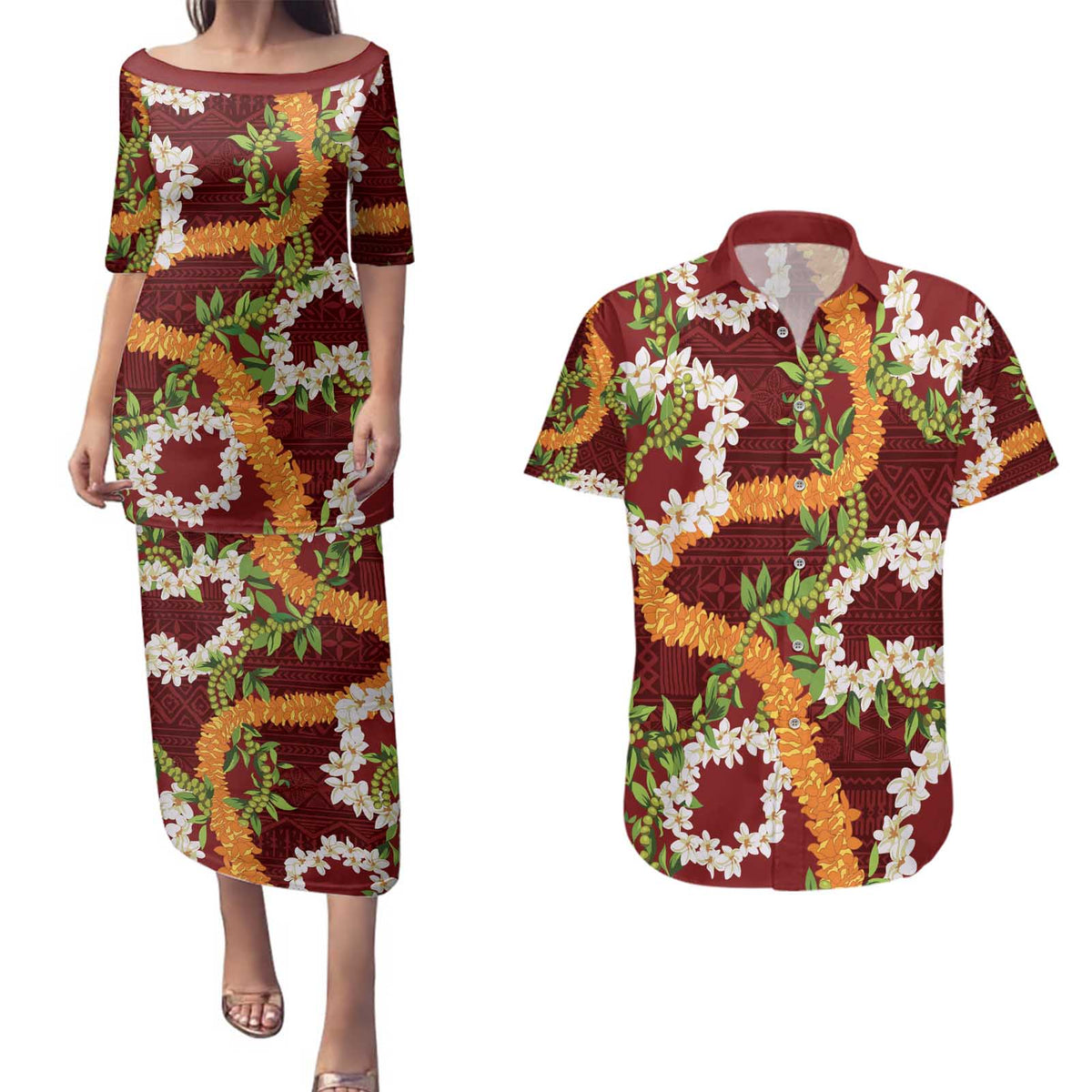 Aloha Festive Hawaii Couples Matching Puletasi and Hawaiian Shirt Mokihana - Maile and Ilima on Crimson - Polynesian Pride