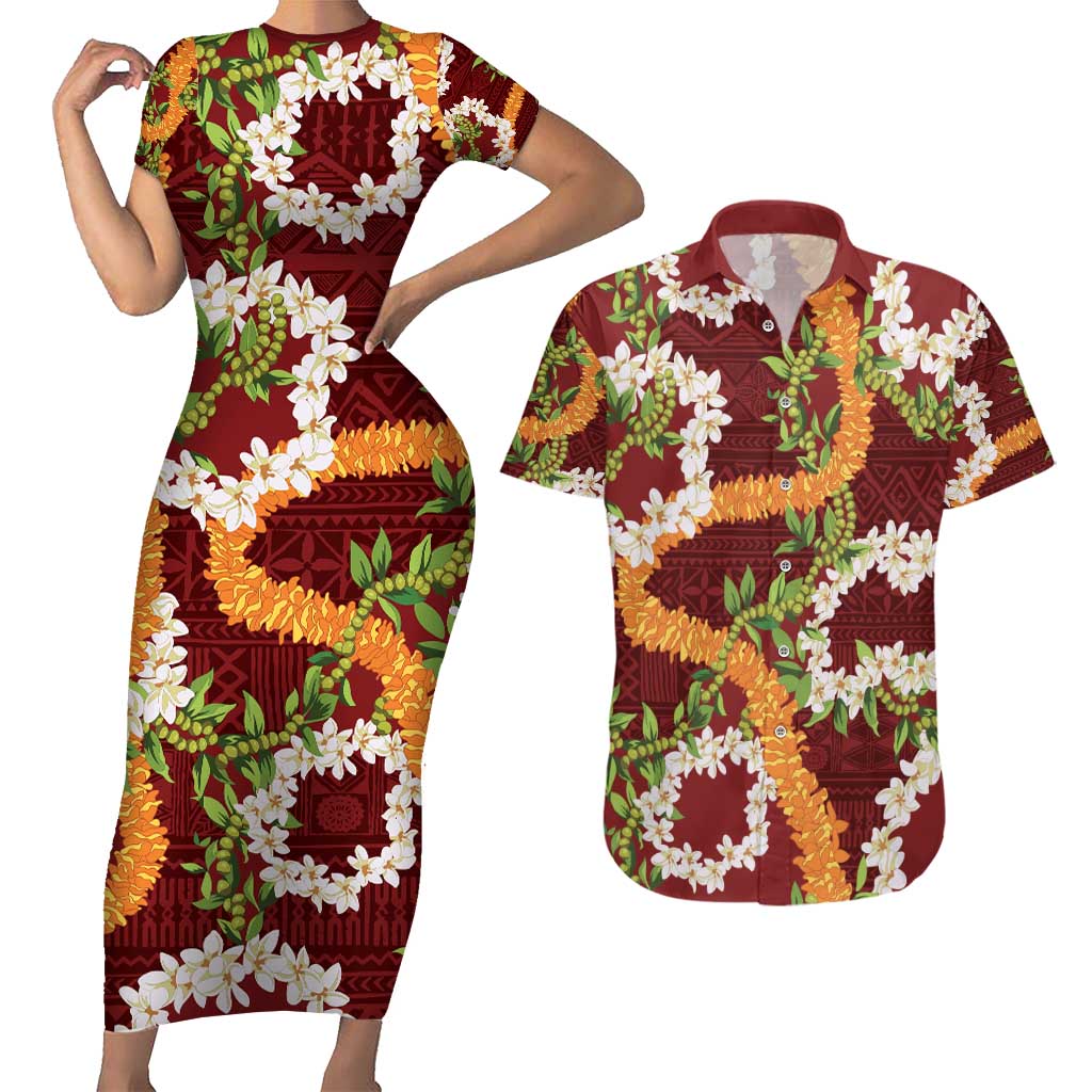 Aloha Festive Hawaii Couples Matching Short Sleeve Bodycon Dress and Hawaiian Shirt Mokihana - Maile and Ilima on Crimson - Polynesian Pride