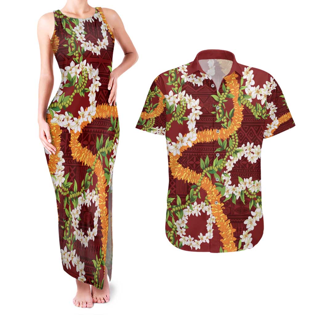 Aloha Festive Hawaii Couples Matching Tank Maxi Dress and Hawaiian Shirt Mokihana - Maile and Ilima on Crimson - Polynesian Pride