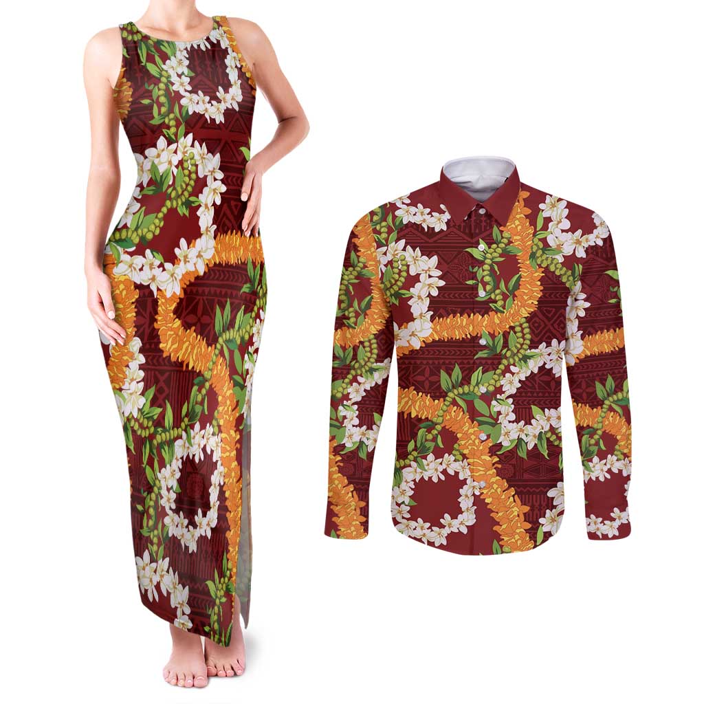 Aloha Festive Hawaii Couples Matching Tank Maxi Dress and Long Sleeve Button Shirt Mokihana - Maile and Ilima on Crimson - Polynesian Pride