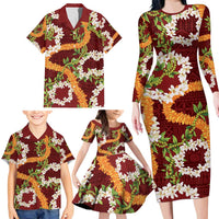 Aloha Festive Hawaii Family Matching Long Sleeve Bodycon Dress and Hawaiian Shirt Mokihana - Maile and Ilima on Crimson - Polynesian Pride