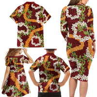 Aloha Festive Hawaii Family Matching Long Sleeve Bodycon Dress and Hawaiian Shirt Mokihana - Maile and Ilima on Crimson - Polynesian Pride