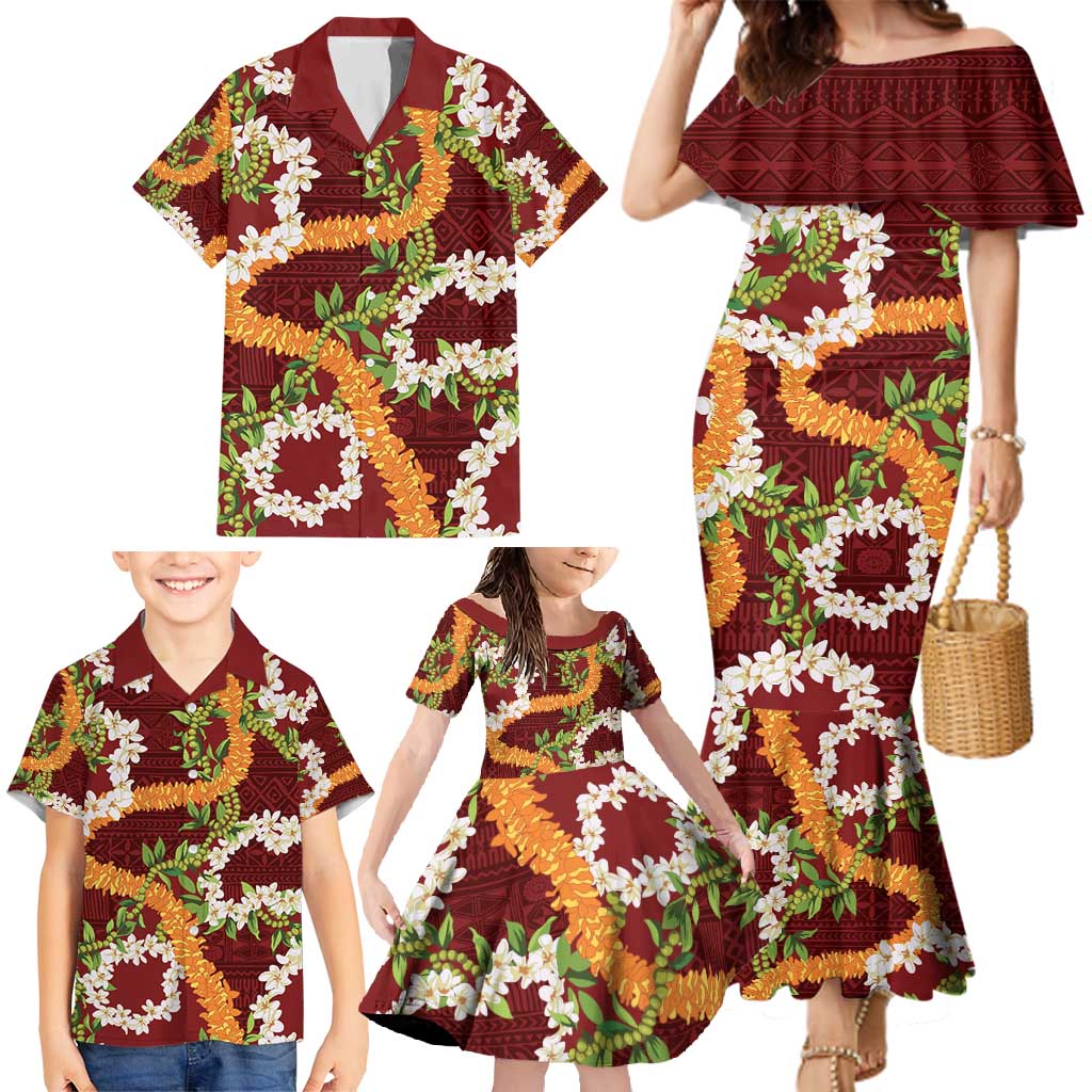 Aloha Festive Hawaii Family Matching Mermaid Dress and Hawaiian Shirt Mokihana - Maile and Ilima on Crimson - Polynesian Pride