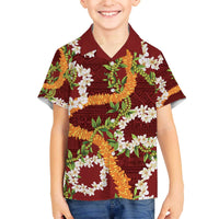 Aloha Festive Hawaii Family Matching Off The Shoulder Long Sleeve Dress and Hawaiian Shirt Mokihana - Maile and Ilima on Crimson - Polynesian Pride