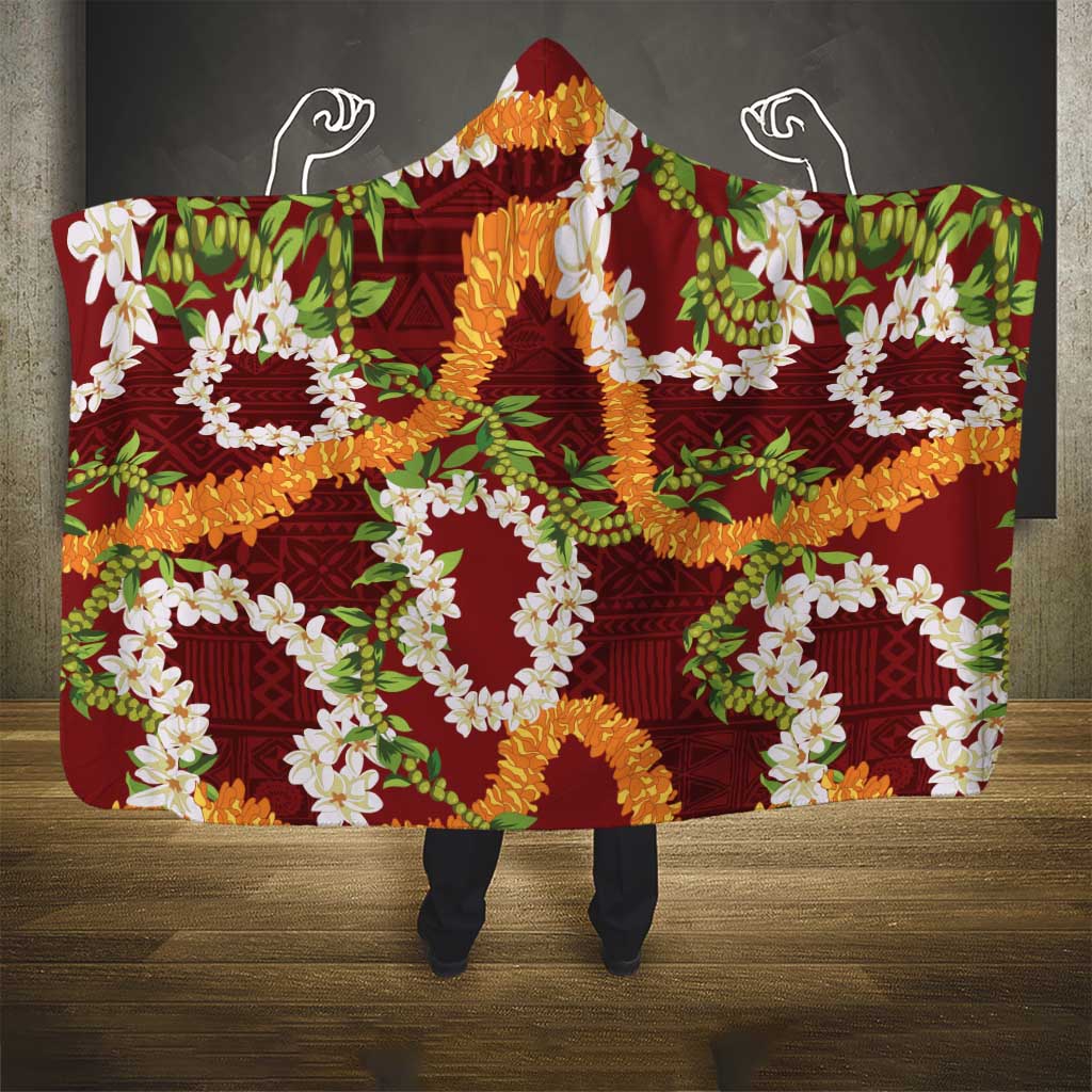 Aloha Festive Hawaii Hooded Blanket Mokihana - Maile and Ilima on Crimson LT7 - Polynesian Pride