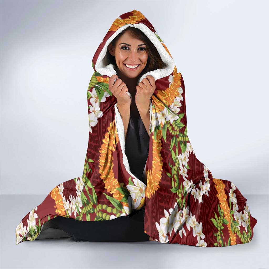 Aloha Festive Hawaii Hooded Blanket Mokihana - Maile and Ilima on Crimson LT7 - Polynesian Pride