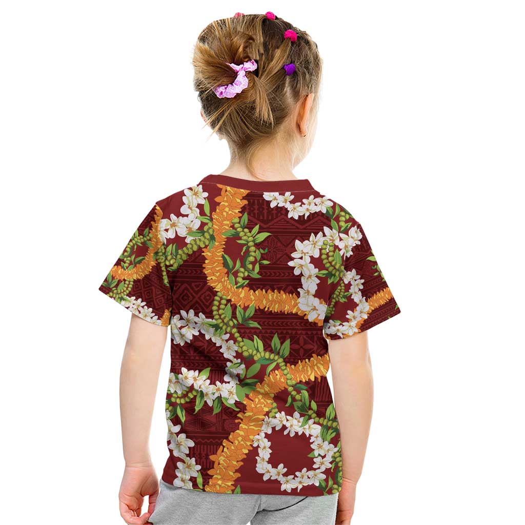 Aloha Festive Hawaii Kid T Shirt Mokihana - Maile and Ilima on Crimson - Polynesian Pride