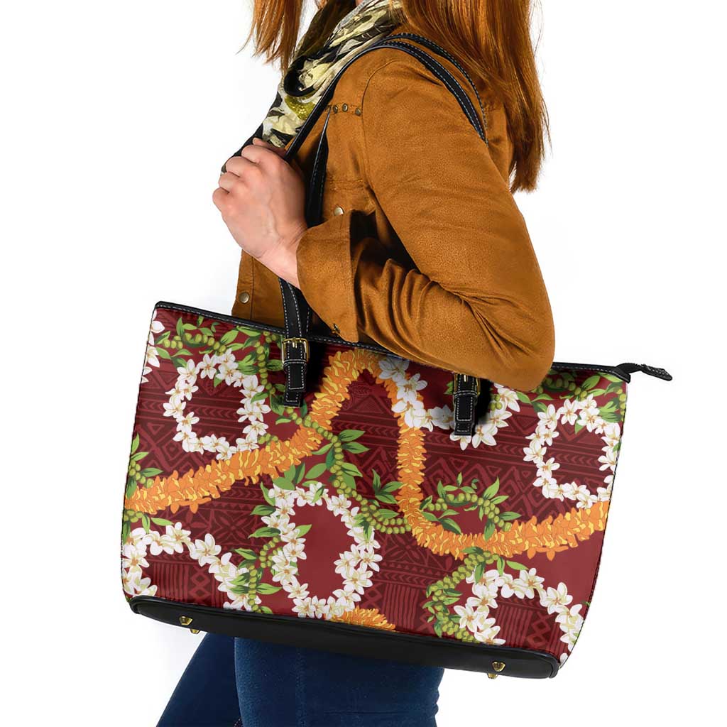 Aloha Festive Hawaii Leather Tote Bag Mokihana - Maile and Ilima on Crimson - Polynesian Pride