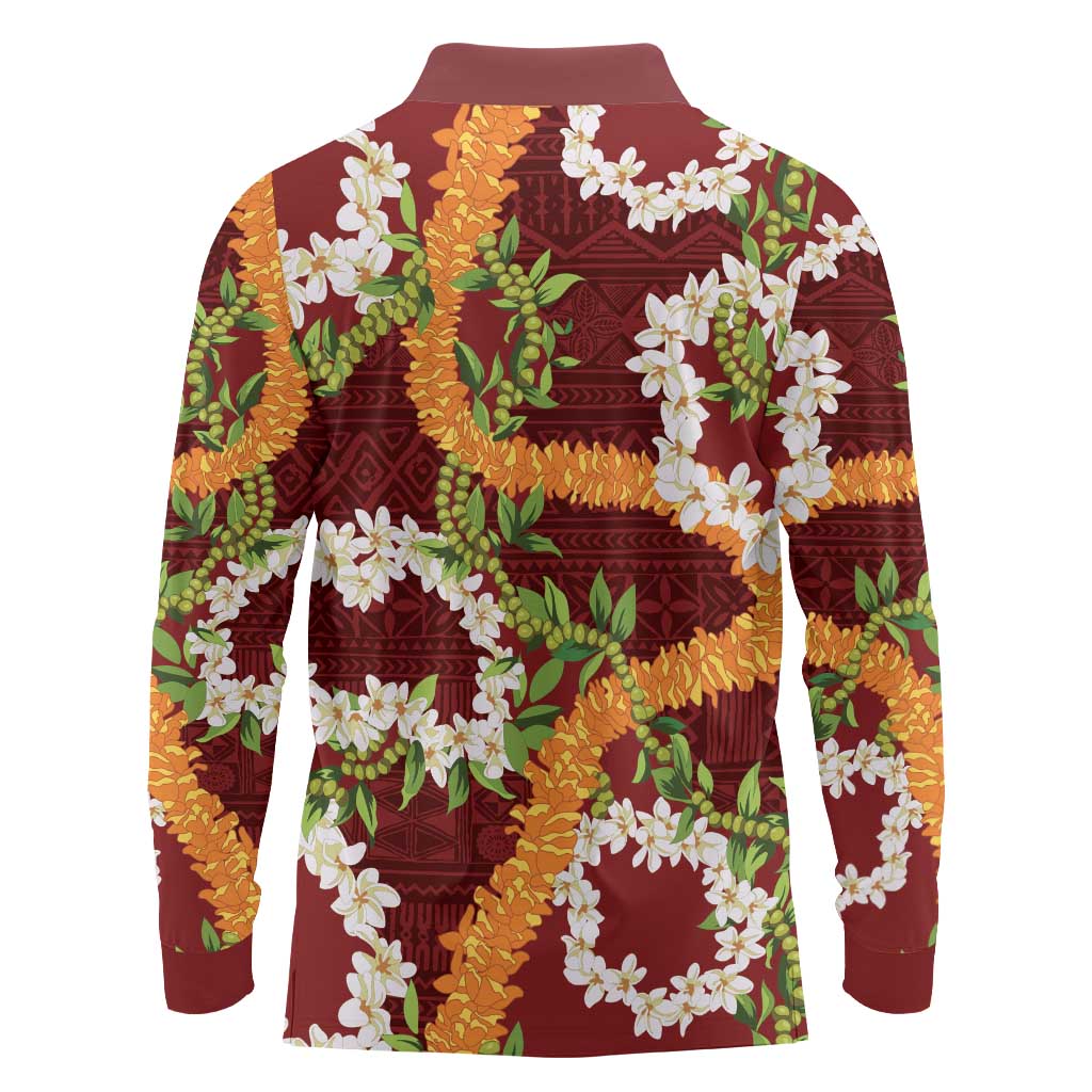 Aloha Festive Hawaii Long Sleeve Polo Shirt Mokihana - Maile and Ilima on Crimson - Polynesian Pride