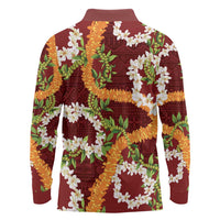 Aloha Festive Hawaii Long Sleeve Polo Shirt Mokihana - Maile and Ilima on Crimson - Polynesian Pride