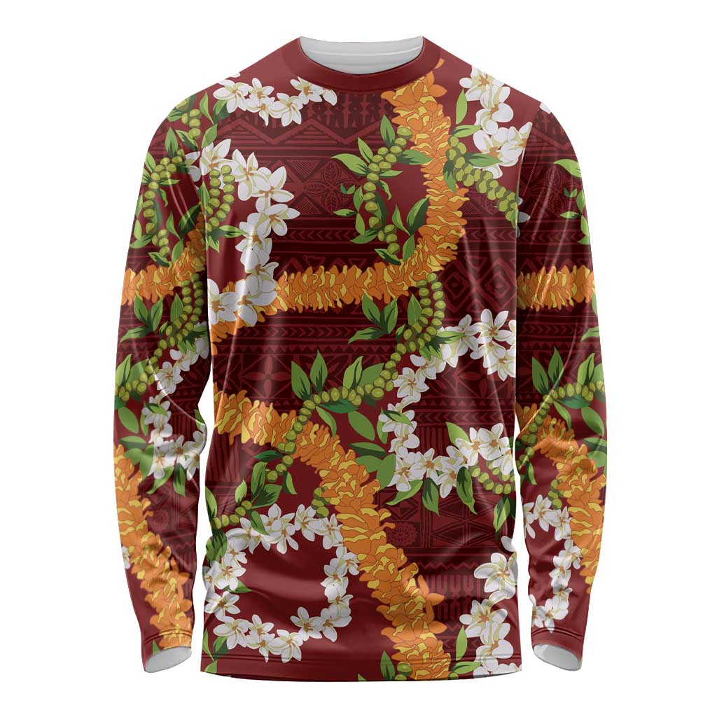 Aloha Festive Hawaii Long Sleeve Shirt Mokihana - Maile and Ilima on Crimson LT7 Unisex Crimson - Polynesian Pride