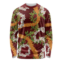 Aloha Festive Hawaii Long Sleeve Shirt Mokihana - Maile and Ilima on Crimson LT7 Unisex Crimson - Polynesian Pride